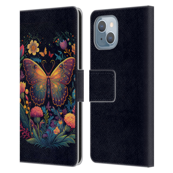 JK Stewart Art Butterfly In Night Garden Leather Book Wallet Case Cover For Apple iPhone 14