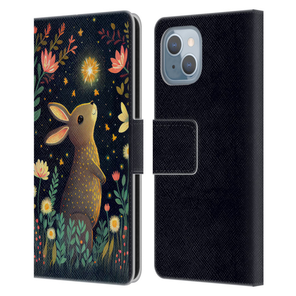 JK Stewart Art Rabbit Catching Falling Star Leather Book Wallet Case Cover For Apple iPhone 14