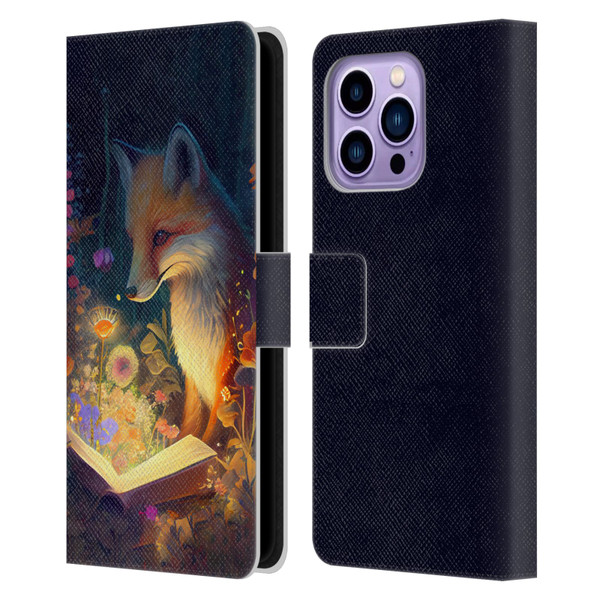 JK Stewart Art Fox Reading Leather Book Wallet Case Cover For Apple iPhone 14 Pro Max