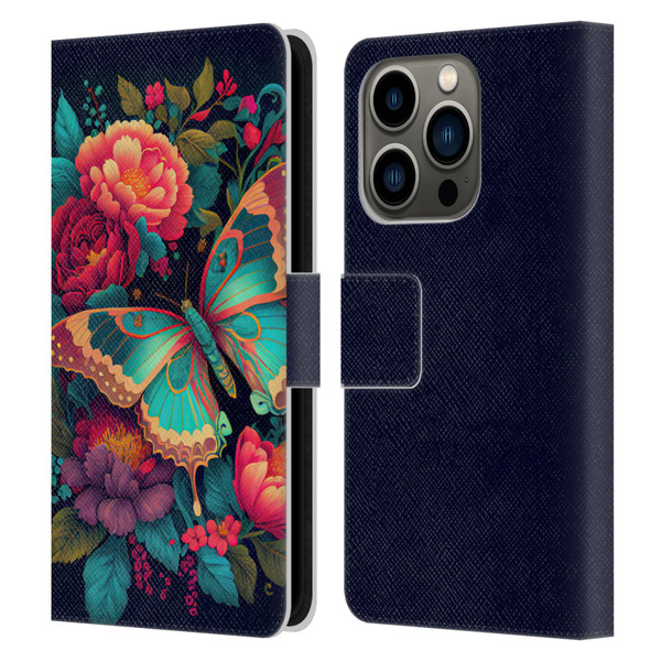 JK Stewart Art Butterfly And Flowers Leather Book Wallet Case Cover For Apple iPhone 14 Pro