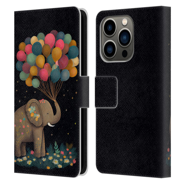 JK Stewart Art Elephant Holding Balloon Leather Book Wallet Case Cover For Apple iPhone 14 Pro