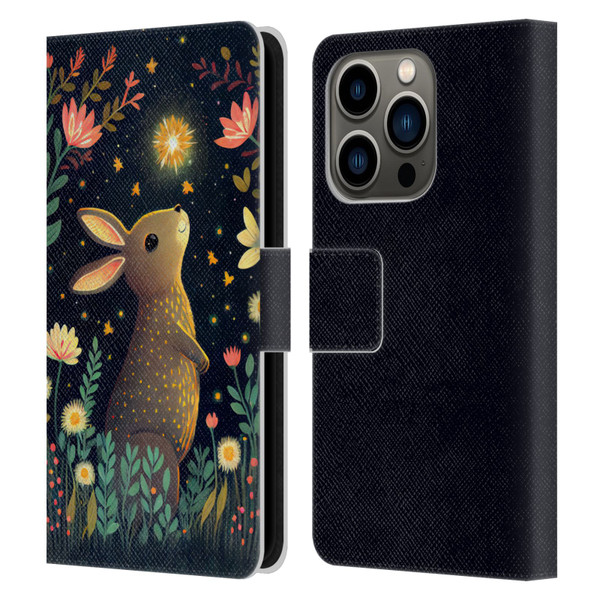 JK Stewart Art Rabbit Catching Falling Star Leather Book Wallet Case Cover For Apple iPhone 14 Pro