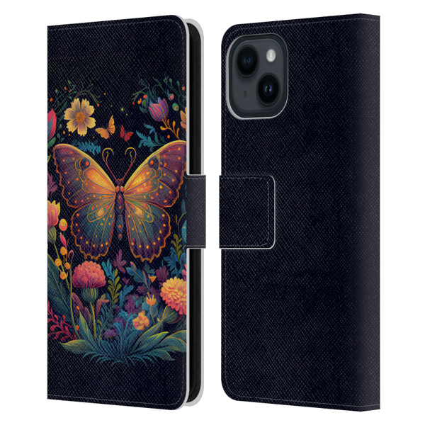 JK Stewart Art Butterfly In Night Garden Leather Book Wallet Case Cover For Apple iPhone 15