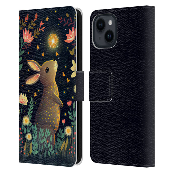 JK Stewart Art Rabbit Catching Falling Star Leather Book Wallet Case Cover For Apple iPhone 15