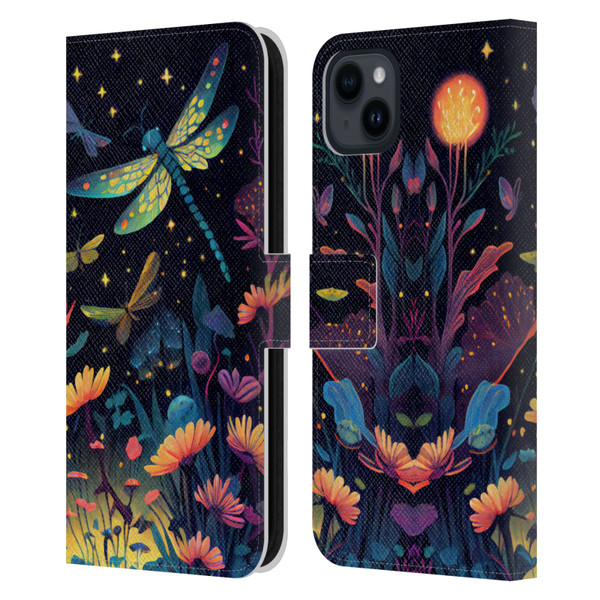 JK Stewart Art Dragonflies In Night Garden Leather Book Wallet Case Cover For Apple iPhone 15 Plus