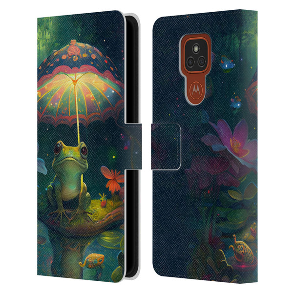 JK Stewart Art Frog With Umbrella Leather Book Wallet Case Cover For Motorola Moto E7 Plus