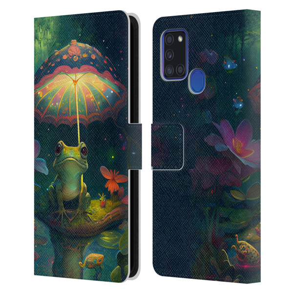 JK Stewart Art Frog With Umbrella Leather Book Wallet Case Cover For Samsung Galaxy A21s (2020)