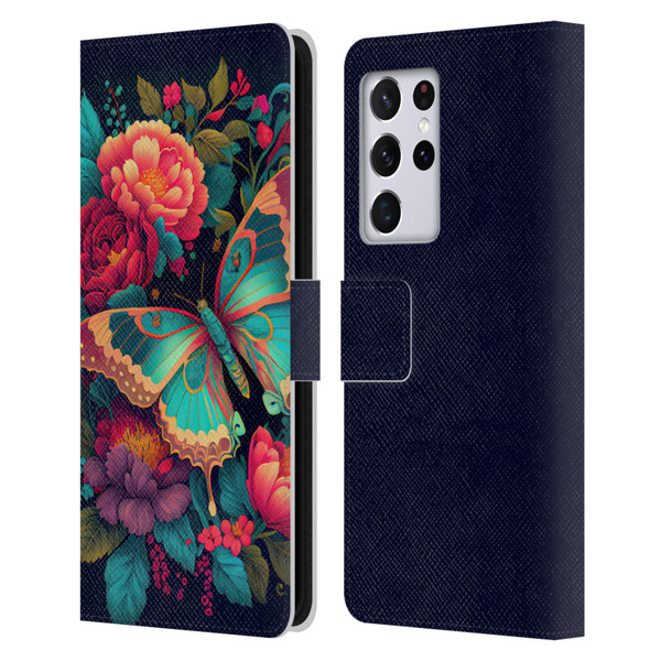 JK Stewart Art Butterfly And Flowers Leather Book Wallet Case Cover For Samsung Galaxy S21 Ultra 5G