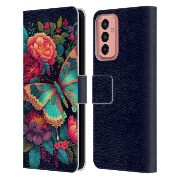 JK Stewart Art Butterfly And Flowers Leather Book Wallet Case Cover For Samsung Galaxy M13 (2022)