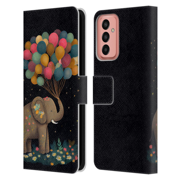 JK Stewart Art Elephant Holding Balloon Leather Book Wallet Case Cover For Samsung Galaxy M13 (2022)