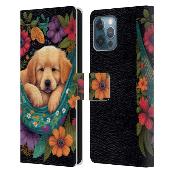 JK Stewart Graphics Golden Retriever In Hammock Leather Book Wallet Case Cover For Apple iPhone 12 Pro Max