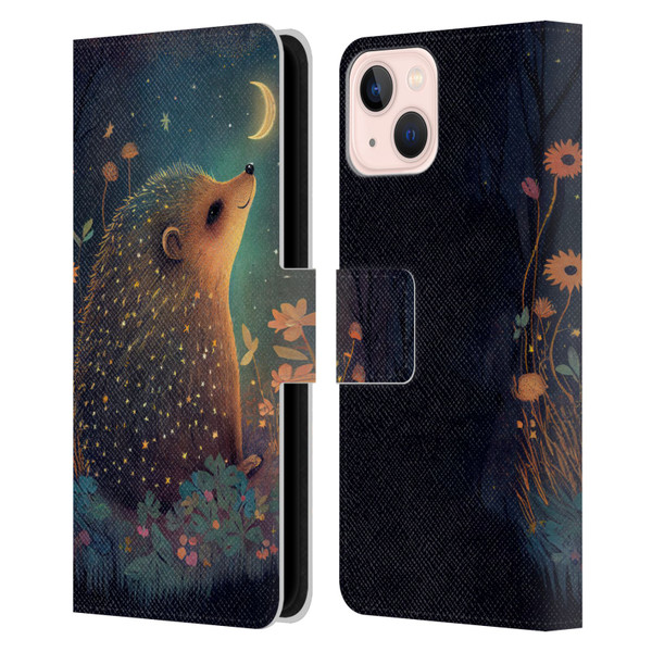 JK Stewart Graphics Hedgehog Looking Up At Stars Leather Book Wallet Case Cover For Apple iPhone 13