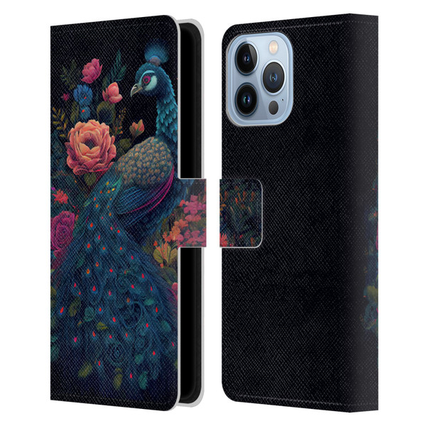 JK Stewart Graphics Peacock In Night Garden Leather Book Wallet Case Cover For Apple iPhone 13 Pro Max