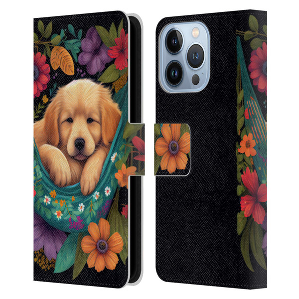 JK Stewart Graphics Golden Retriever In Hammock Leather Book Wallet Case Cover For Apple iPhone 13 Pro