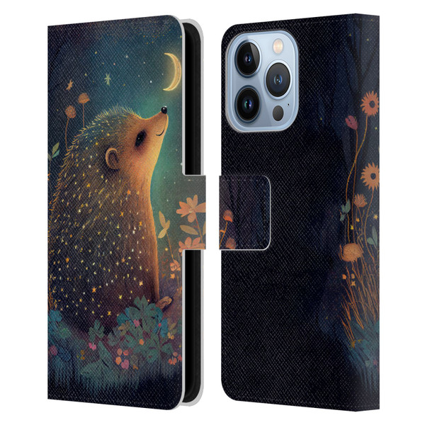 JK Stewart Graphics Hedgehog Looking Up At Stars Leather Book Wallet Case Cover For Apple iPhone 13 Pro
