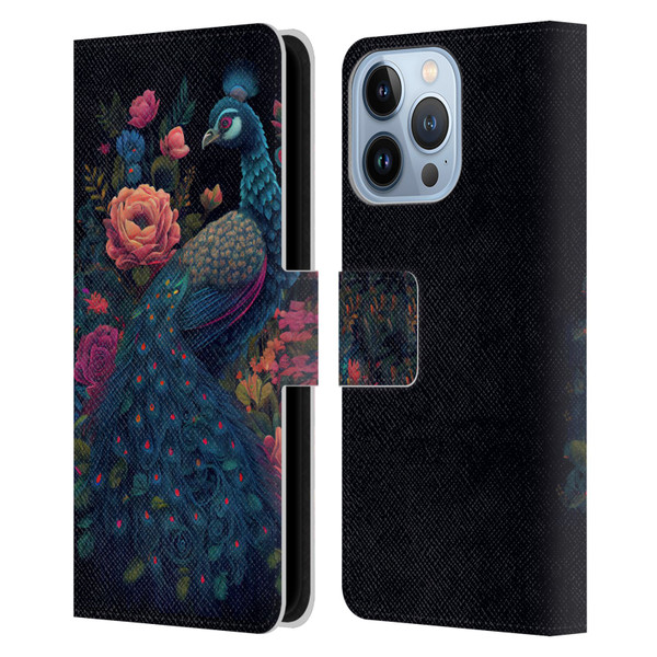 JK Stewart Graphics Peacock In Night Garden Leather Book Wallet Case Cover For Apple iPhone 13 Pro