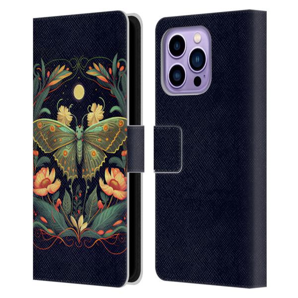 JK Stewart Graphics Lunar Moth Night Garden Leather Book Wallet Case Cover For Apple iPhone 14 Pro Max