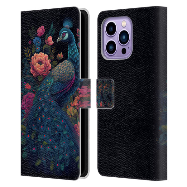 JK Stewart Graphics Peacock In Night Garden Leather Book Wallet Case Cover For Apple iPhone 14 Pro Max