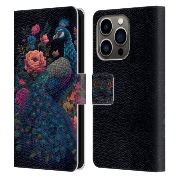 JK Stewart Graphics Peacock In Night Garden Leather Book Wallet Case Cover For Apple iPhone 14 Pro