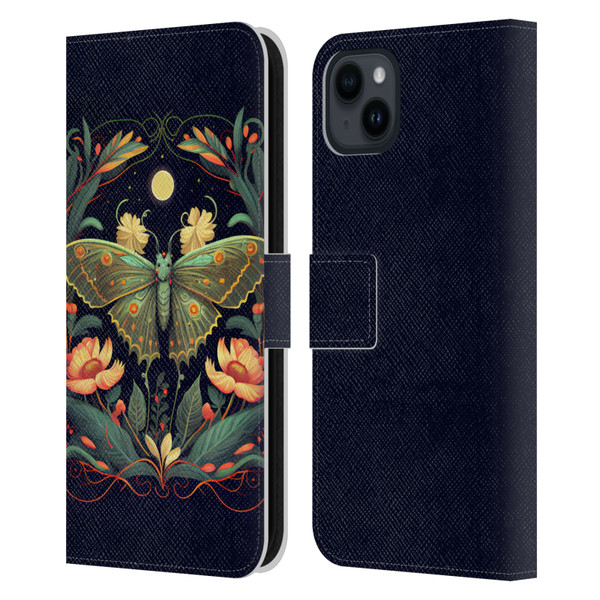 JK Stewart Graphics Lunar Moth Night Garden Leather Book Wallet Case Cover For Apple iPhone 15 Plus