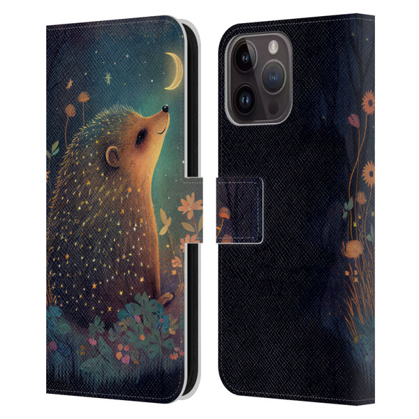 JK Stewart Graphics Hedgehog Looking Up At Stars Leather Book Wallet Case Cover For Apple iPhone 15 Pro Max