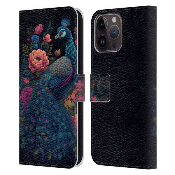 JK Stewart Graphics Peacock In Night Garden Leather Book Wallet Case Cover For Apple iPhone 15 Pro Max
