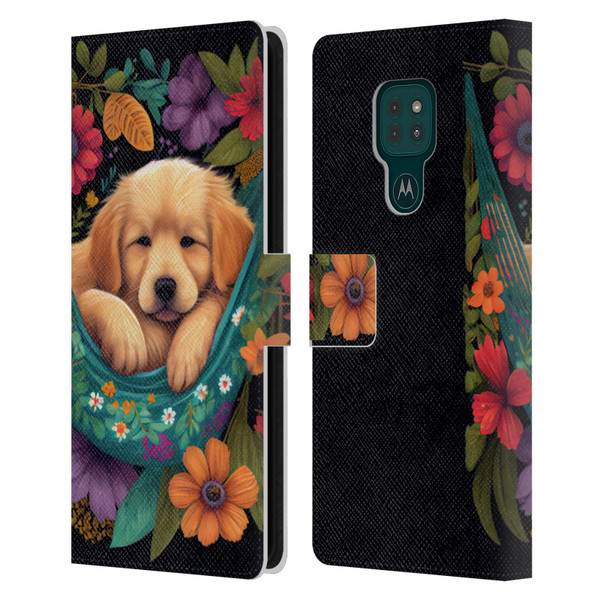 JK Stewart Graphics Golden Retriever In Hammock Leather Book Wallet Case Cover For Motorola Moto G9 Play