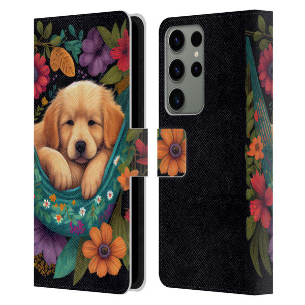 JK Stewart Graphics Golden Retriever In Hammock Leather Book Wallet Case Cover For Samsung Galaxy S23 Ultra 5G