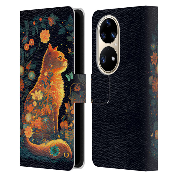 JK Stewart Key Art Orange Cat Sitting Leather Book Wallet Case Cover For Huawei P50 Pro
