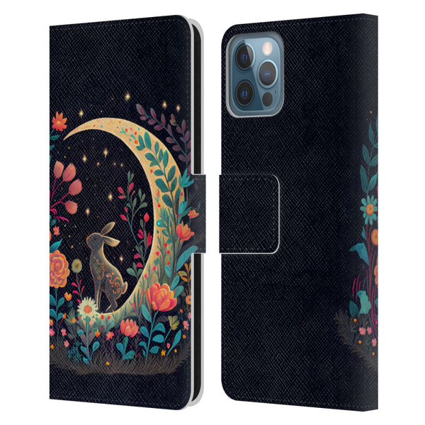 JK Stewart Key Art Rabbit On Crescent Moon Leather Book Wallet Case Cover For Apple iPhone 12 / iPhone 12 Pro