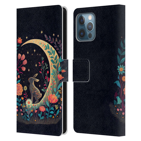 JK Stewart Key Art Rabbit On Crescent Moon Leather Book Wallet Case Cover For Apple iPhone 12 Pro Max