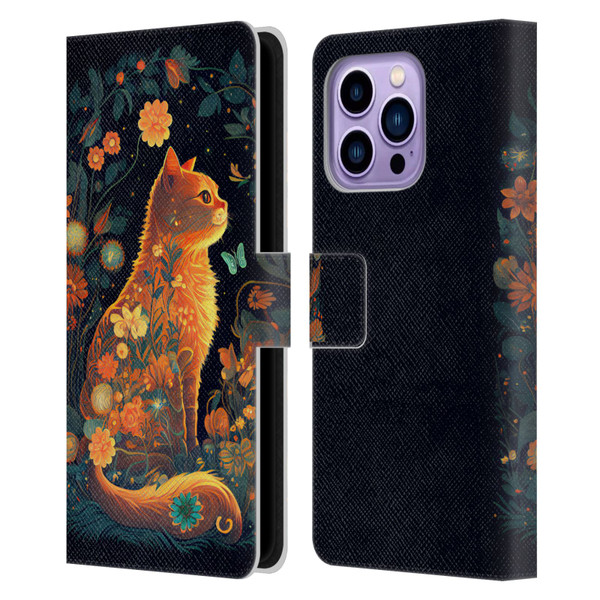 JK Stewart Key Art Orange Cat Sitting Leather Book Wallet Case Cover For Apple iPhone 14 Pro Max
