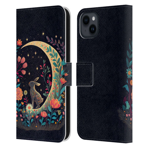 JK Stewart Key Art Rabbit On Crescent Moon Leather Book Wallet Case Cover For Apple iPhone 15 Plus