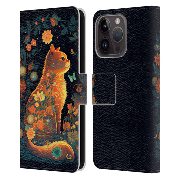 JK Stewart Key Art Orange Cat Sitting Leather Book Wallet Case Cover For Apple iPhone 15 Pro
