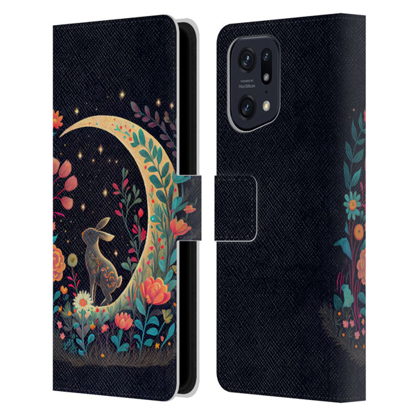 JK Stewart Key Art Rabbit On Crescent Moon Leather Book Wallet Case Cover For OPPO Find X5