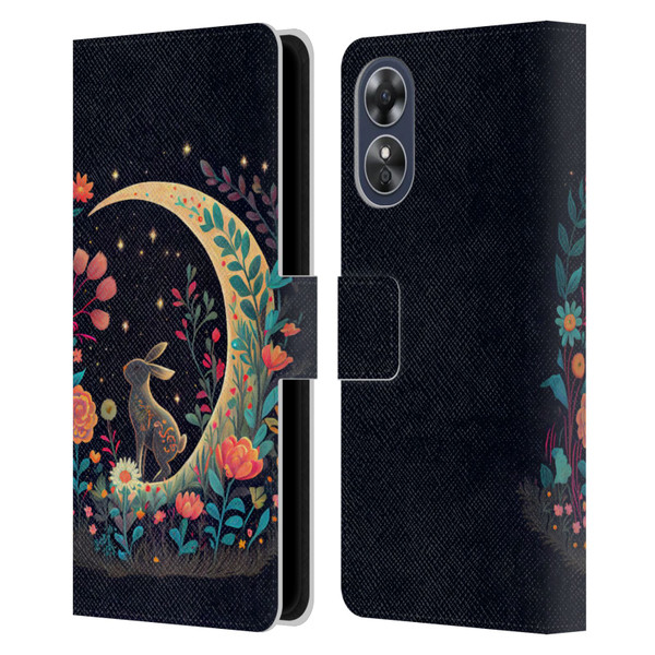 JK Stewart Key Art Rabbit On Crescent Moon Leather Book Wallet Case Cover For OPPO A17