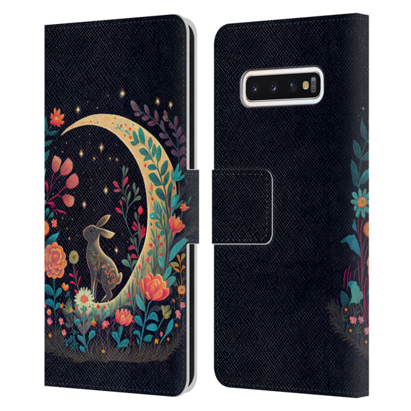 JK Stewart Key Art Rabbit On Crescent Moon Leather Book Wallet Case Cover For Samsung Galaxy S10