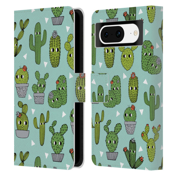Andrea Lauren Design Plant Pattern Happy Cactus Leather Book Wallet Case Cover For Google Pixel 8