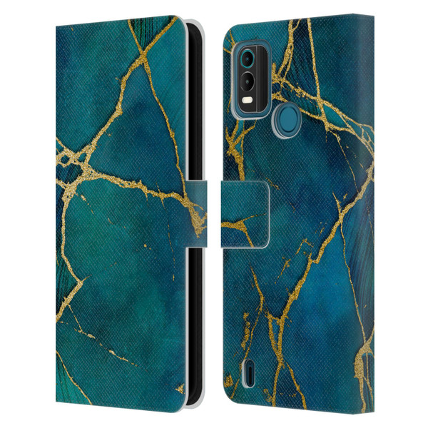 LebensArt Mineral Marble Blue And Gold Leather Book Wallet Case Cover For Nokia G11 Plus