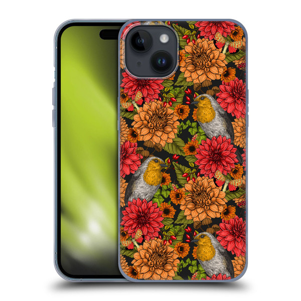 Katerina Kirilova Graphics Robins And Dahlias Soft Gel Case for Apple iPhone 15 Plus