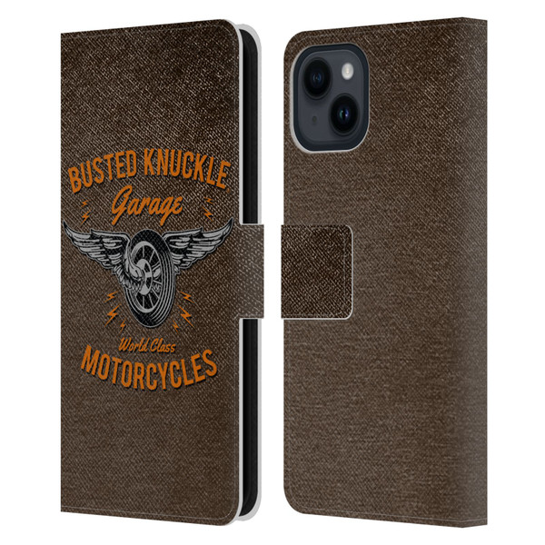 Busted Knuckle Garage Graphics Motorcycles Leather Book Wallet Case Cover For Apple iPhone 15