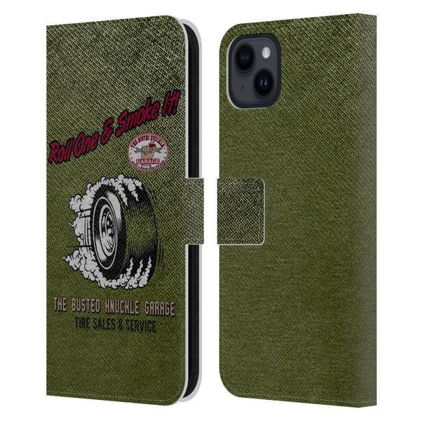 Busted Knuckle Garage Graphics Tire Leather Book Wallet Case Cover For Apple iPhone 15 Plus