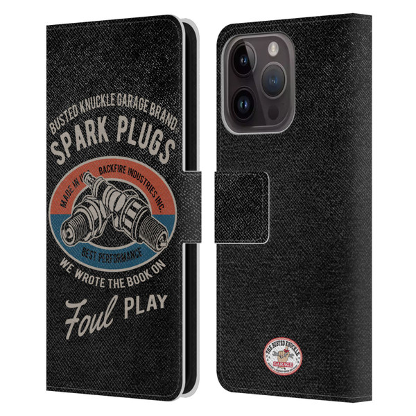 Busted Knuckle Garage Graphics Spark Plugs Leather Book Wallet Case Cover For Apple iPhone 15 Pro