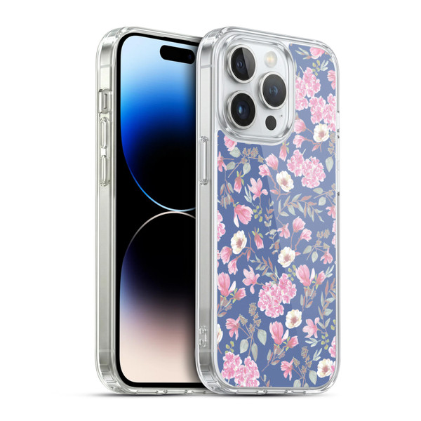 Anis Illustration Floral Pattern Romantic Blue Pink Soft Gel Case for Apple iPhone 14 Pro & MagSafe