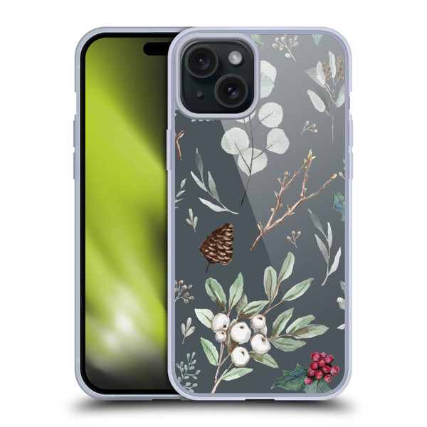 Anis Illustration Floral Pattern Christmas Eucalyptus Blue Soft Gel Case for Apple iPhone 15 Plus