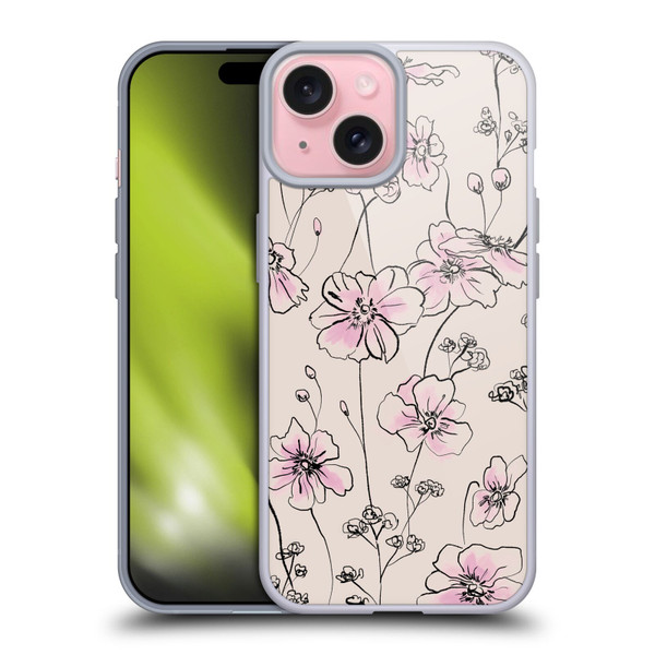 Anis Illustration Floral Pattern Wild Roses Beige Pink Soft Gel Case for Apple iPhone 15