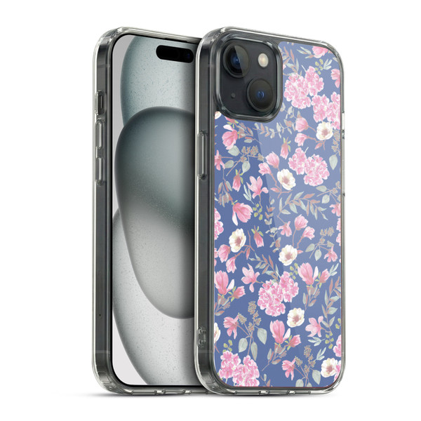 Anis Illustration Floral Pattern Romantic Blue Pink Soft Gel Case for Apple iPhone 15 Plus & MagSafe