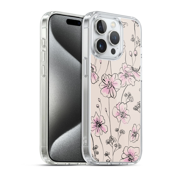 Anis Illustration Floral Pattern Wild Roses Beige Pink Soft Gel Case for Apple iPhone 15 Pro & MagSafe