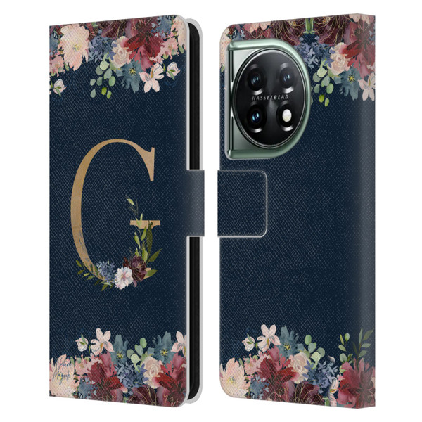 Nature Magick Floral Monogram Gold Navy Letter G Leather Book Wallet Case Cover For OnePlus 11 5G