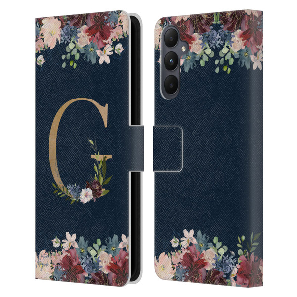 Nature Magick Floral Monogram Gold Navy Letter G Leather Book Wallet Case Cover For Samsung Galaxy A05s